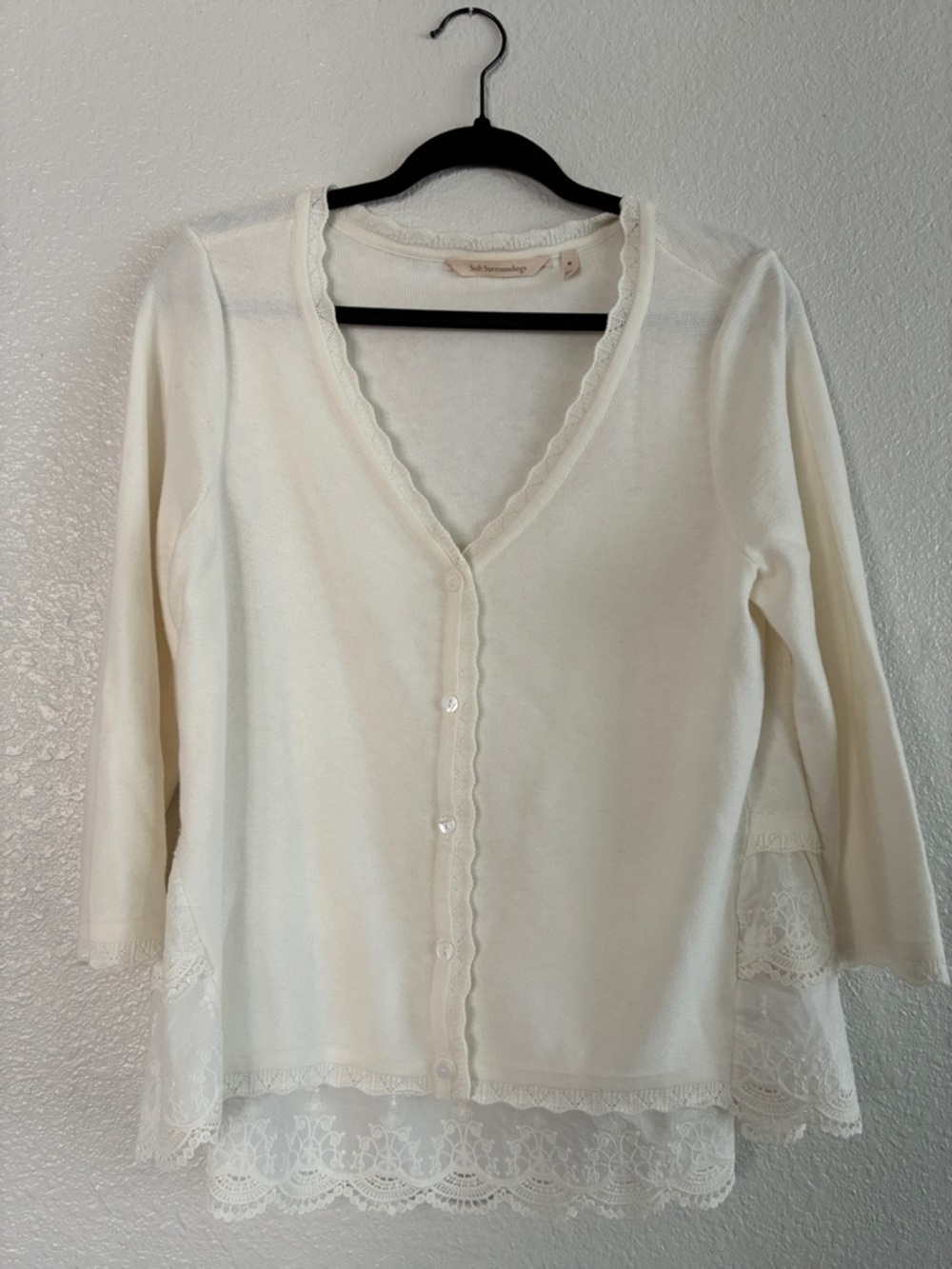Soft surroundings Ivory Lace Hem Button Cardigan